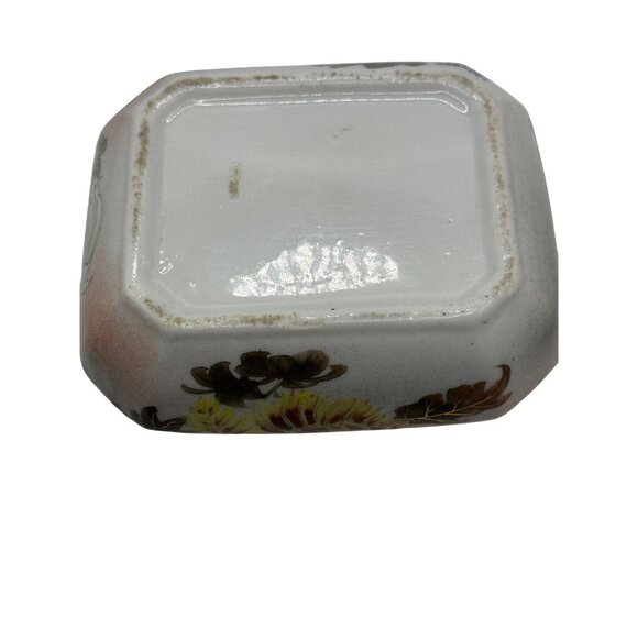 Vintage 40s Asian Art Porcelain Trinket Box Lidded Handle Floral Butterfly - Picture 10 of 13